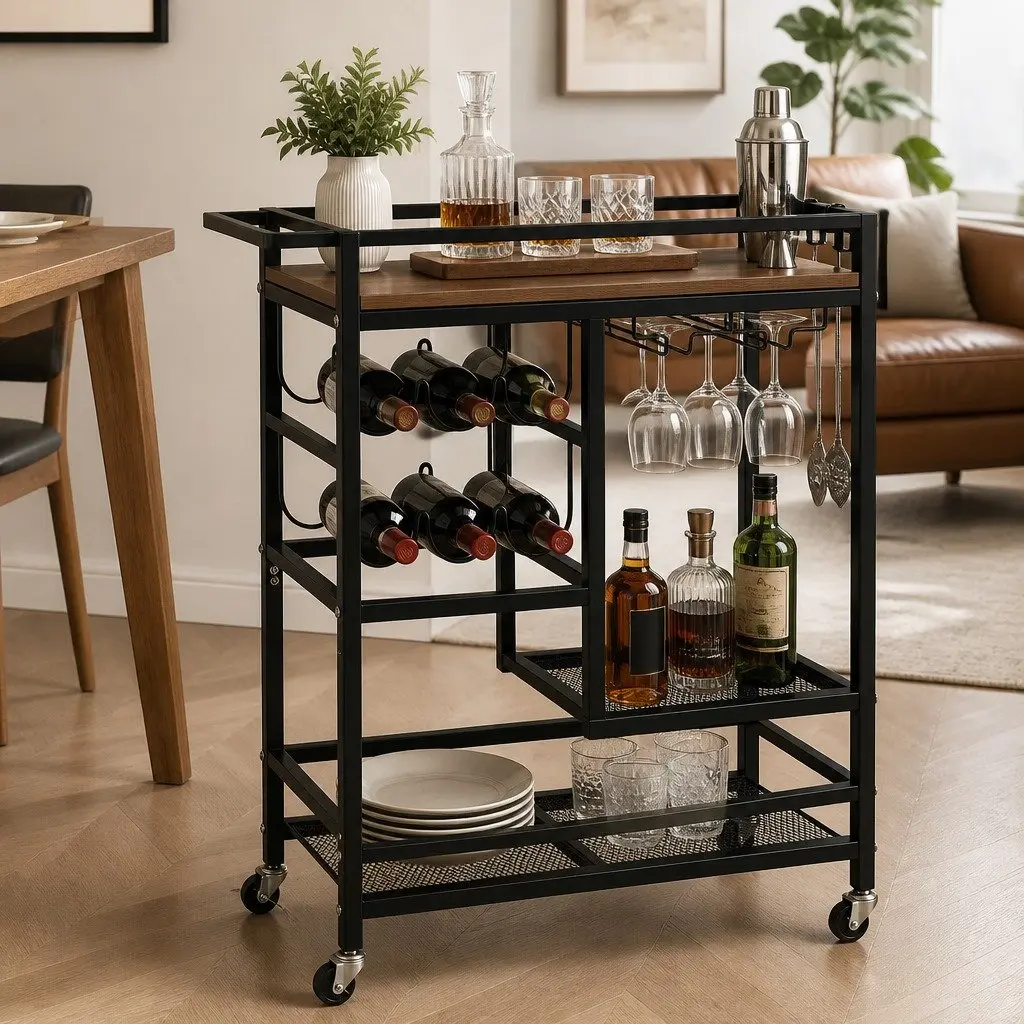 Bar Cart Drinks Trolley Serving Wine Rack Glass Holder Mobile Kitchen Island