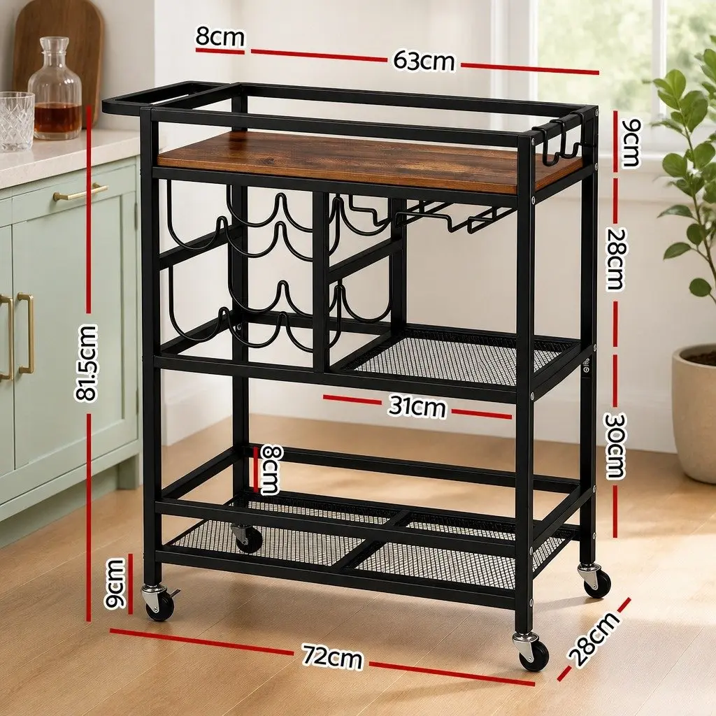 Bar Cart Mobile Kitchen Island Black Metal Serving Trolley with Tray Wine Rack Glass Holder