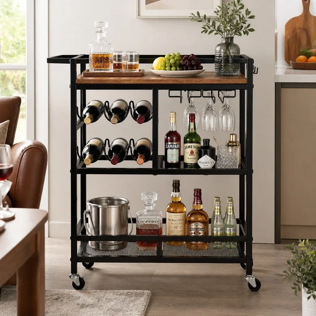Bar Cart Mobile Kitchen Island Black Metal Serving Trolley with Tray Wine Rack Glass Holder