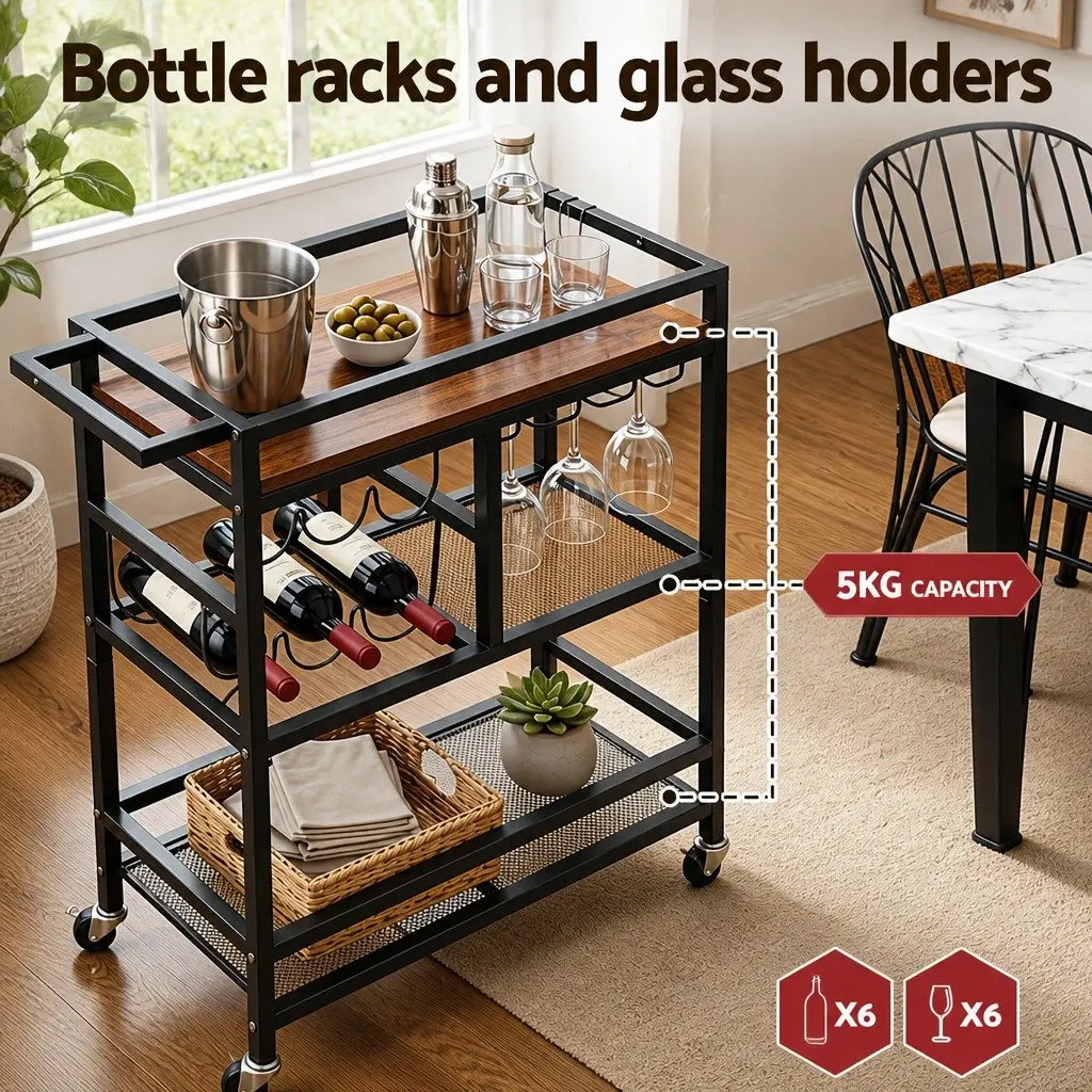 Bar Cart Mobile Kitchen Island Black Metal Serving Trolley with Tray Wine Rack Glass Holder