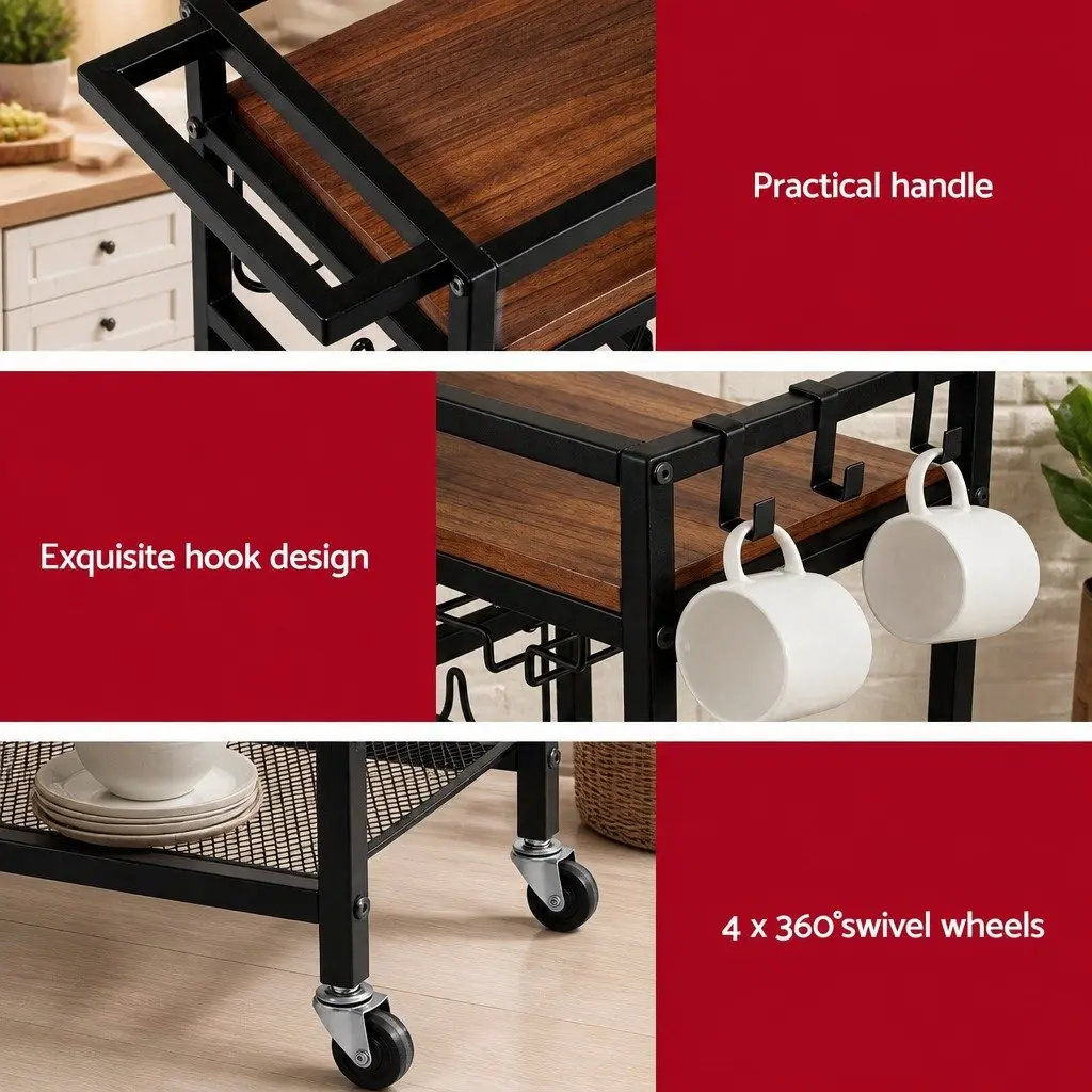 Bar Cart Mobile Kitchen Island Black Metal Serving Trolley with Tray Wine Rack Glass Holder