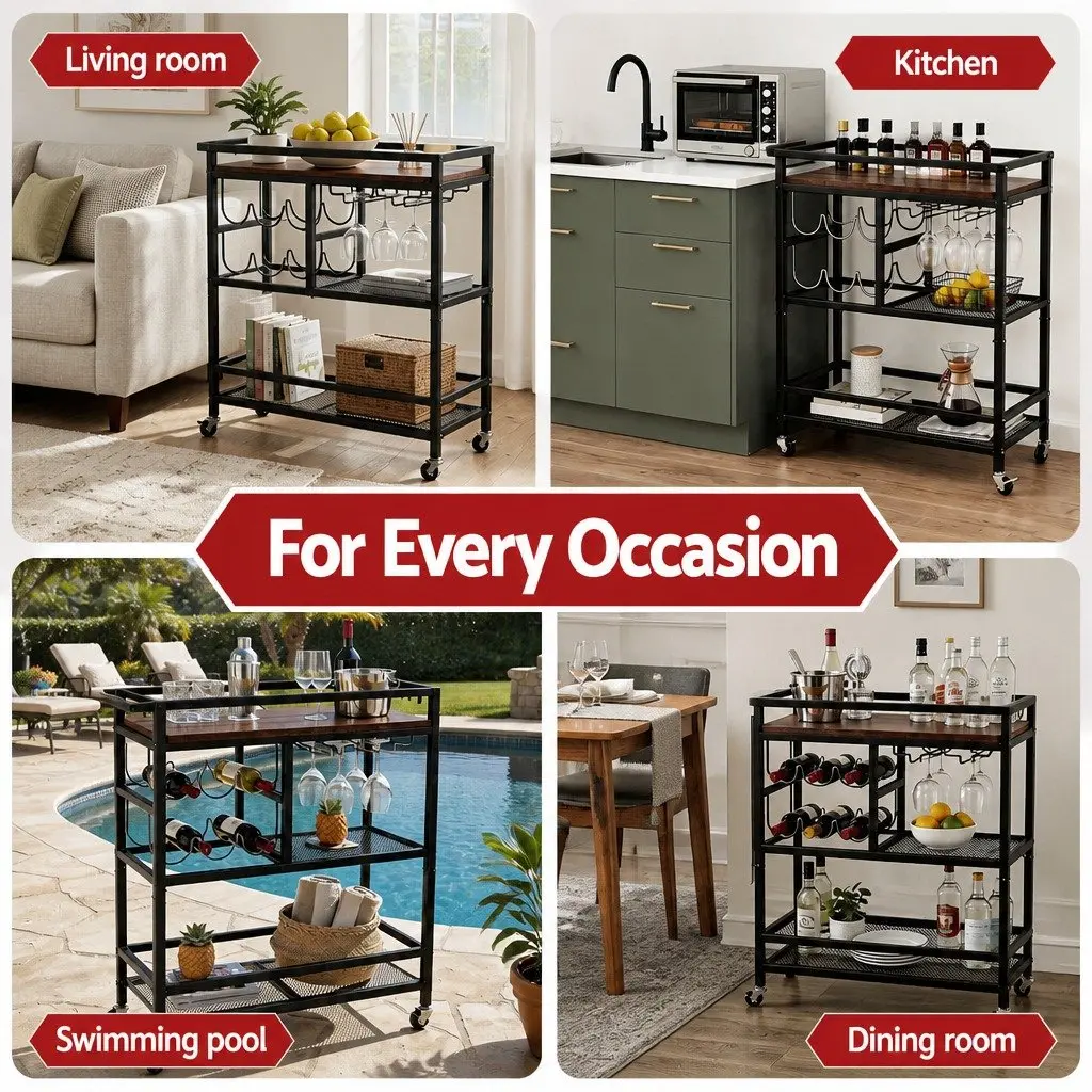 Bar Cart Mobile Kitchen Island Black Metal Serving Trolley with Tray Wine Rack Glass Holder