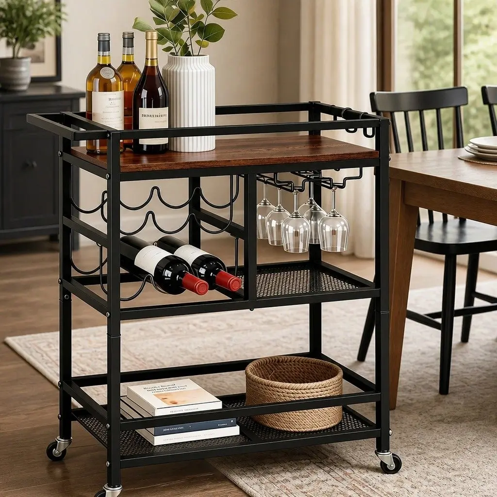 Bar Cart Mobile Kitchen Island Black Metal Serving Trolley with Tray Wine Rack Glass Holder
