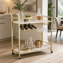 Elegant Gold Frame Bar Cart with Marble Shelves