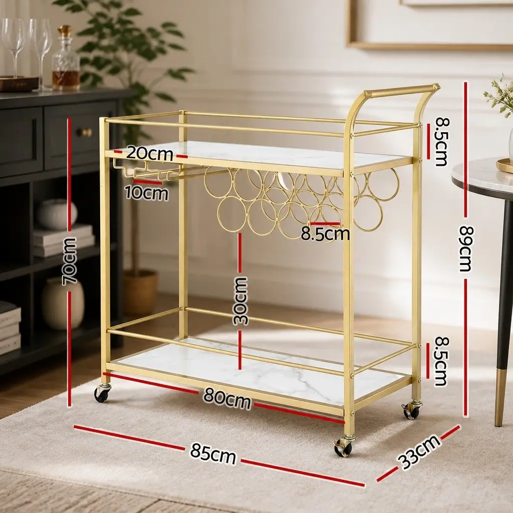 Bar Cart Gold Frame 85cm Marble-effect Shelves Metal