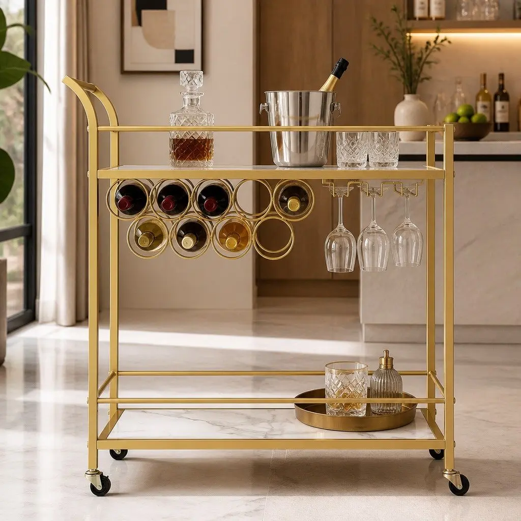 Bar Cart Gold Frame 85cm Marble-effect Shelves Metal