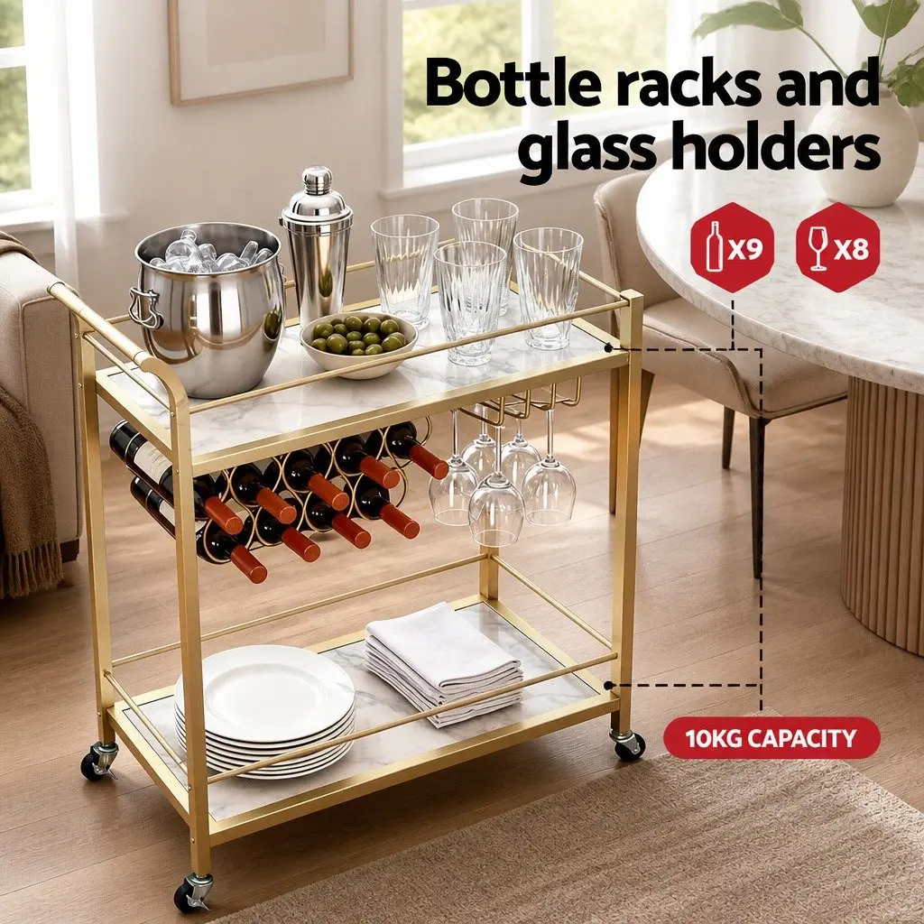 Bar Cart Gold Frame 85cm Marble-effect Shelves Metal
