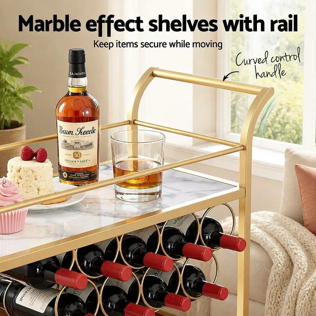 Bar Cart Gold Frame 85cm Marble-effect Shelves Metal