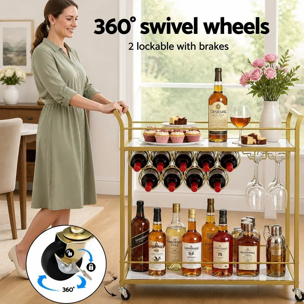 Bar Cart Gold Frame 85cm Marble-effect Shelves Metal