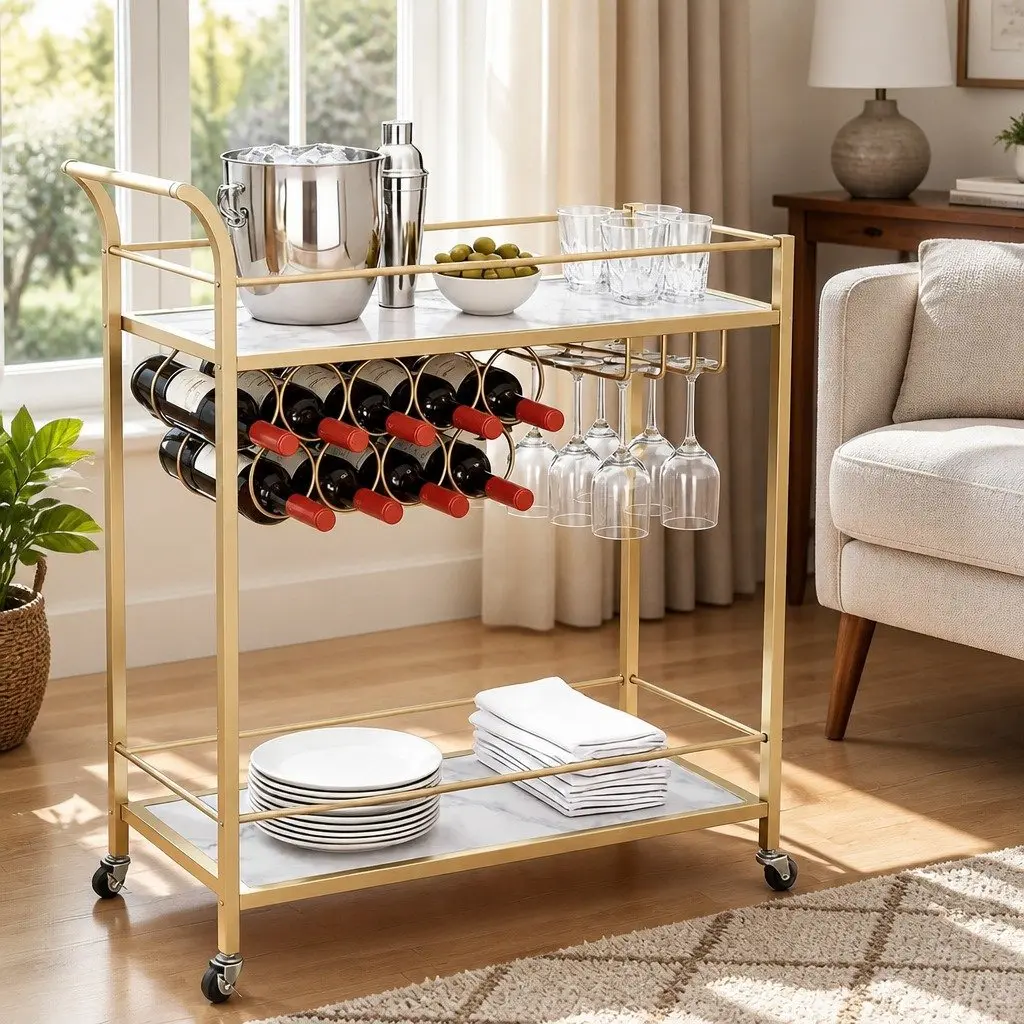 Bar Cart Gold Frame 85cm Marble-effect Shelves Metal