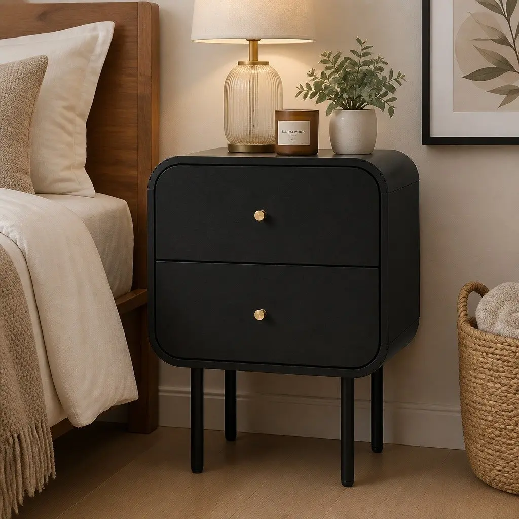 Bedside Table White 2 Drawers MDF with Metal Handles