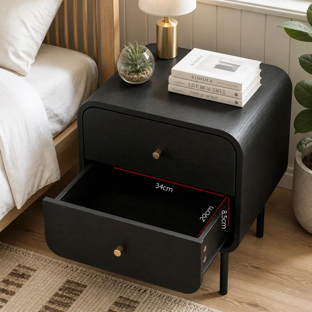 Bedside Table White 2 Drawers MDF with Metal Handles