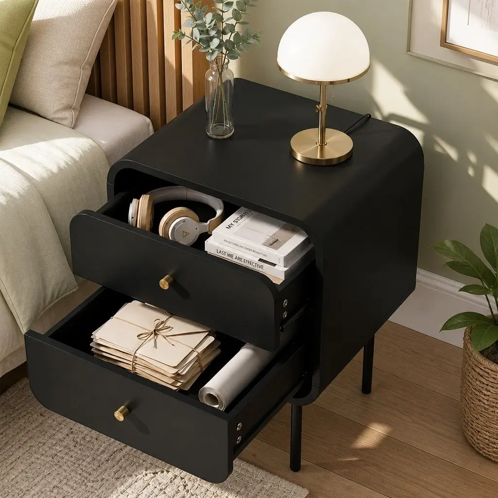 Bedside Table White 2 Drawers MDF with Metal Handles