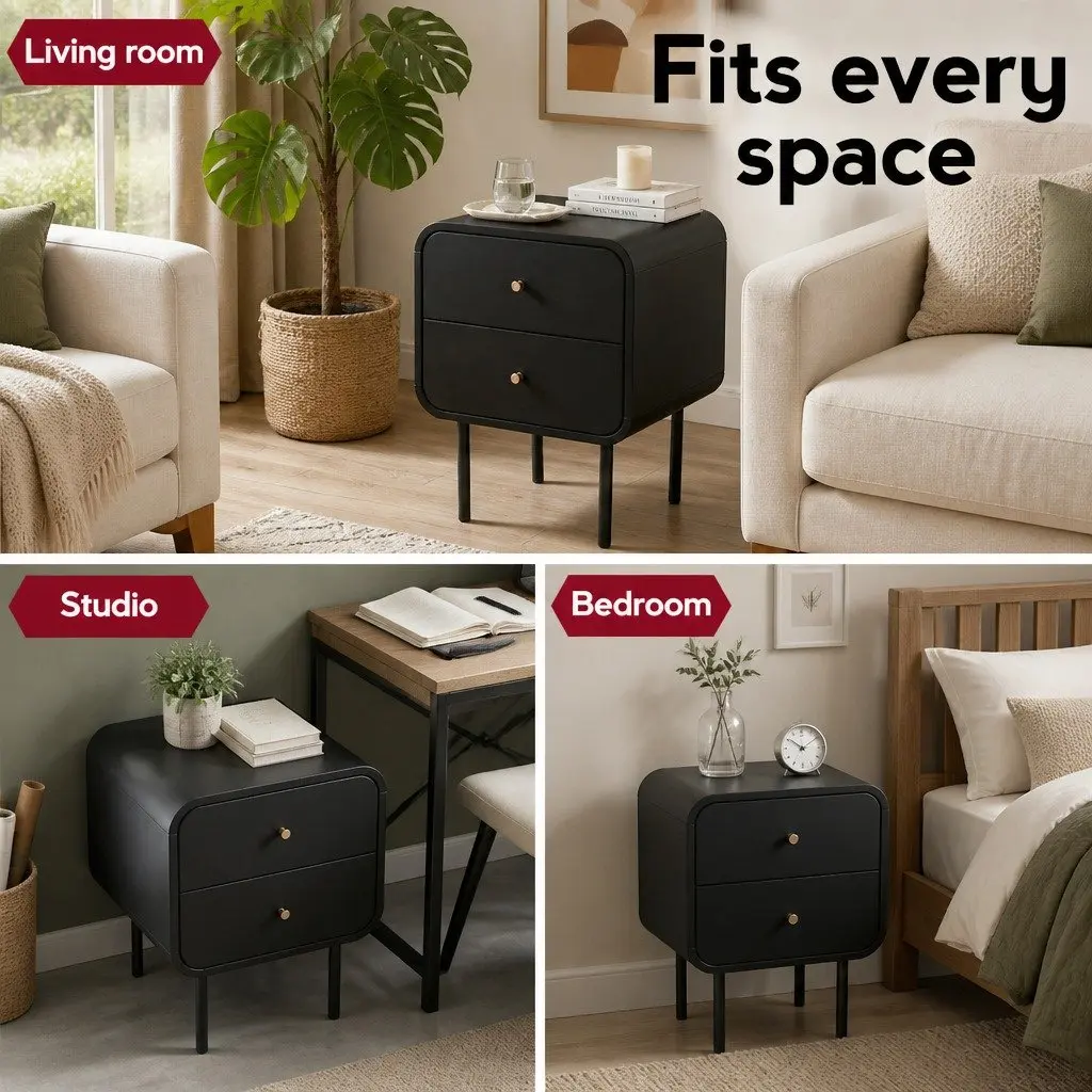 Bedside Table White 2 Drawers MDF with Metal Handles