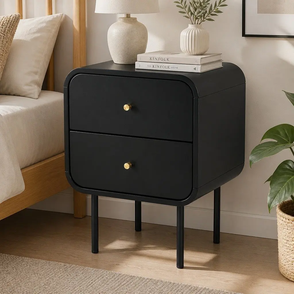Bedside Table White 2 Drawers MDF with Metal Handles