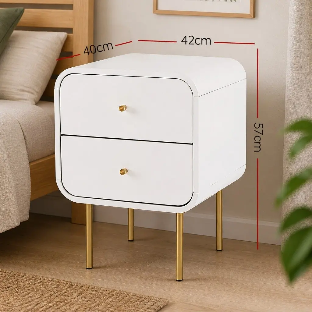 Bedside Table White 2 Drawers MDF Metal Legs Storage