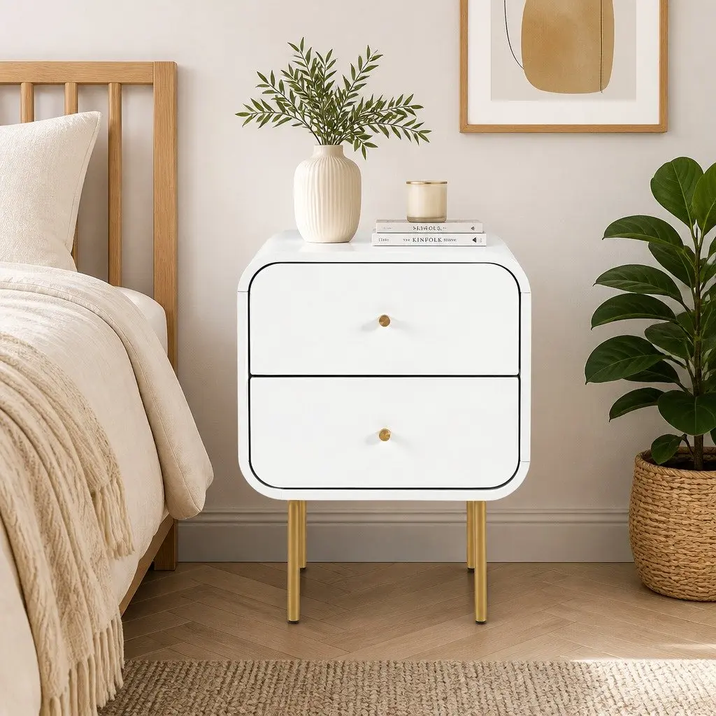 Bedside Table White 2 Drawers MDF Metal Legs Storage