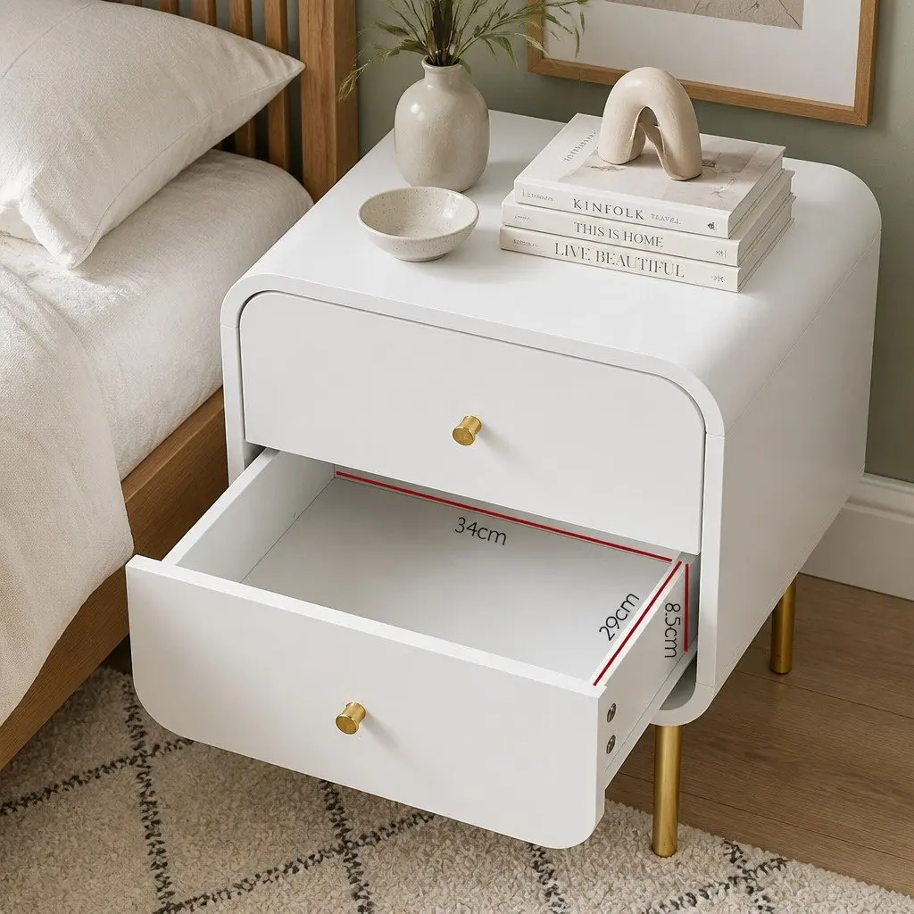 Bedside Table White 2 Drawers MDF Metal Legs Storage