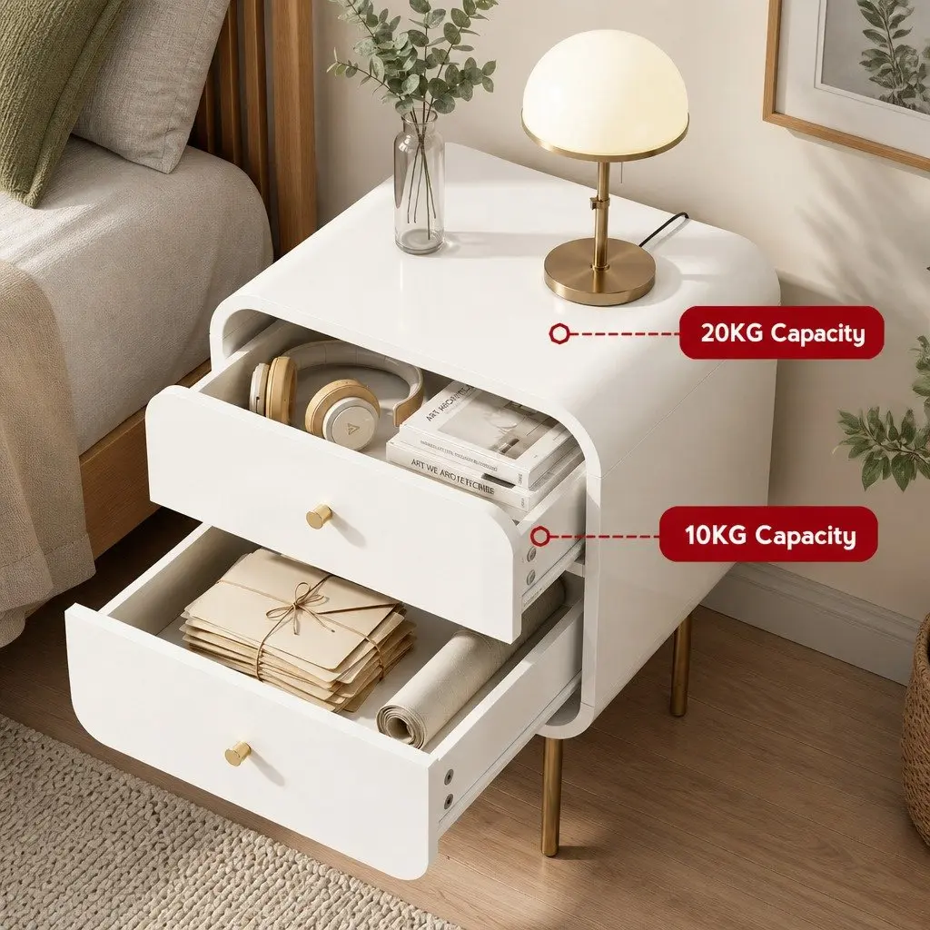 Bedside Table White 2 Drawers MDF Metal Legs Storage