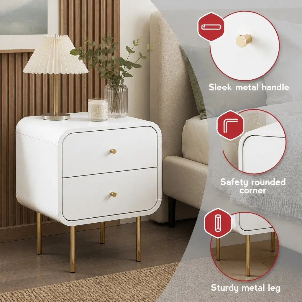 Bedside Table White 2 Drawers MDF Metal Legs Storage