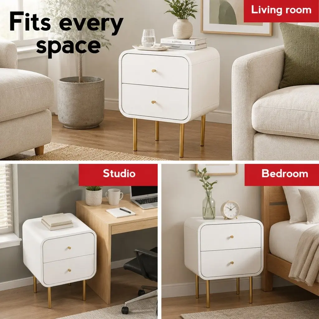 Bedside Table White 2 Drawers MDF Metal Legs Storage