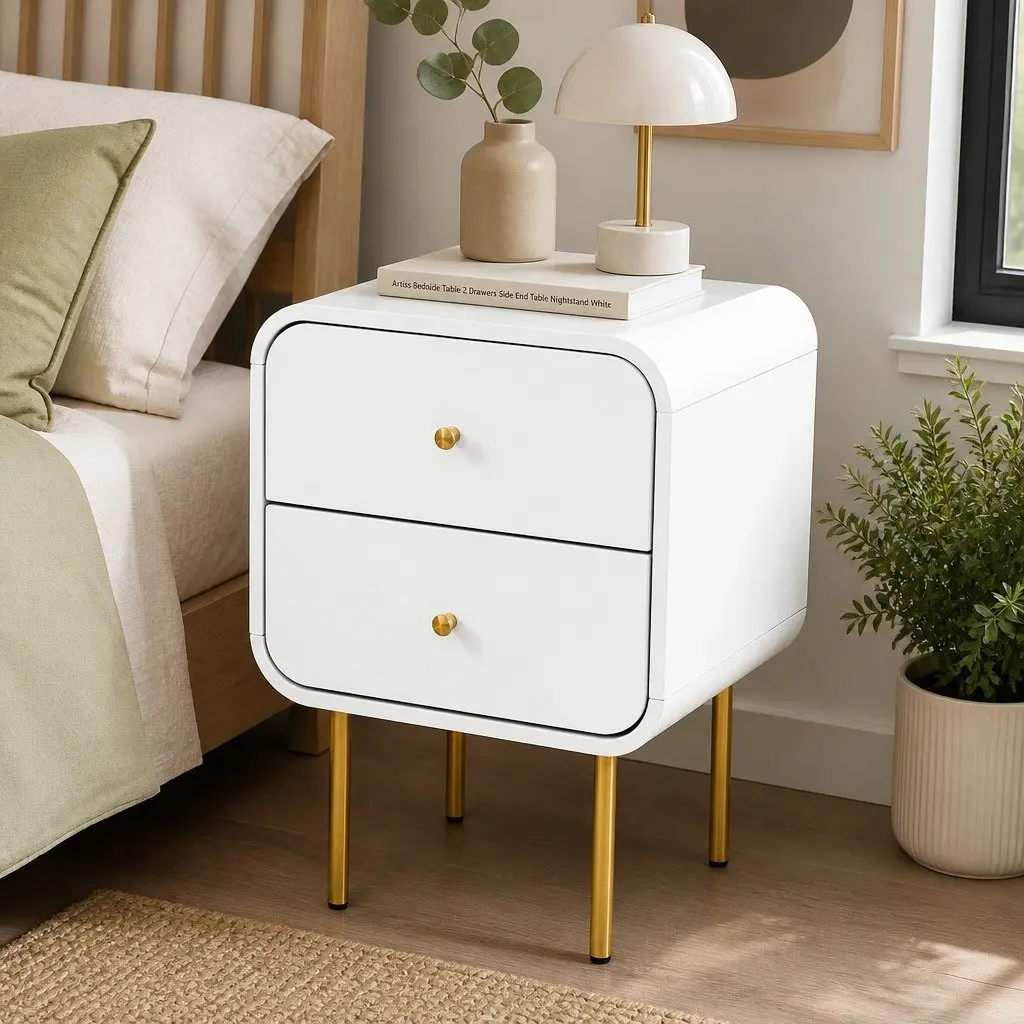Bedside Table White 2 Drawers MDF Metal Legs Storage