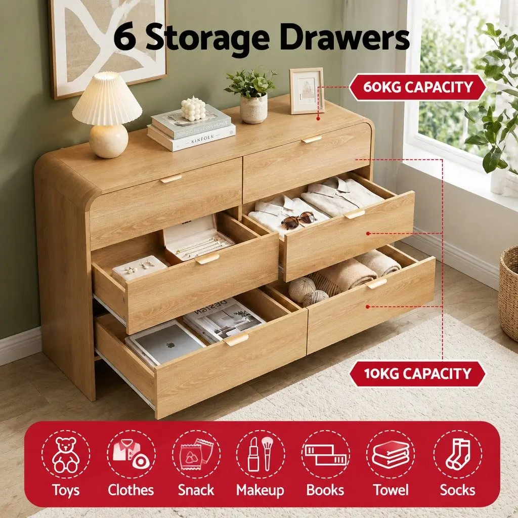 6 Drawer Chest of Drawers Dresser Cabinet Pine Wooden Storage Bedroom Furniture