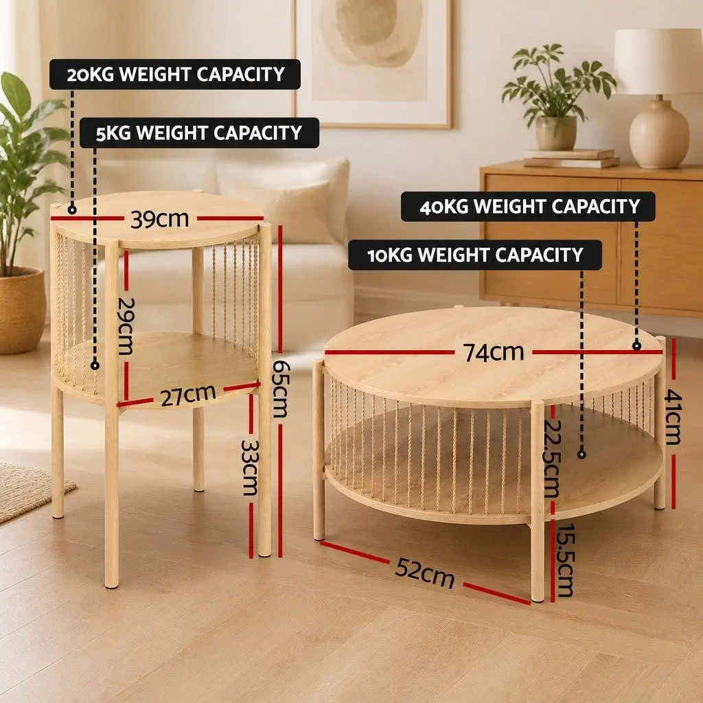 Coffee Table 2-Tier Round Wood Storage Living Room Furniture Modern Design