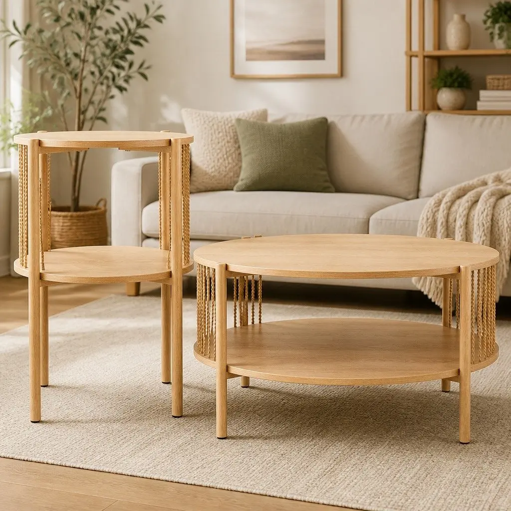 Coffee Table 2-Tier Round Wood Storage Living Room Furniture Modern Design
