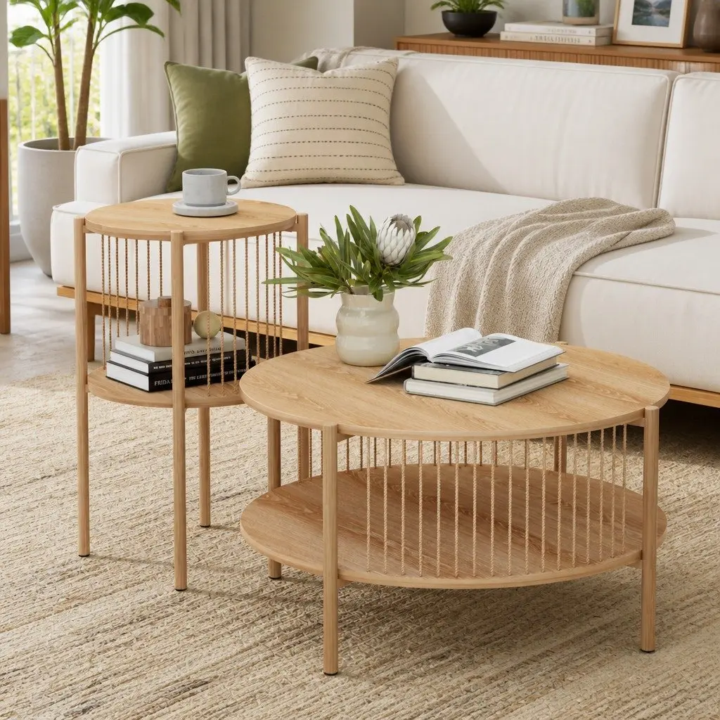 Coffee Table 2-Tier Round Wood Storage Living Room Furniture Modern Design