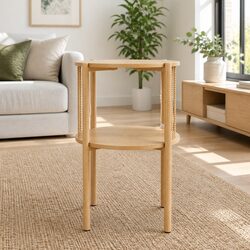Round Wood Coffee Table with 2-Tier Storage