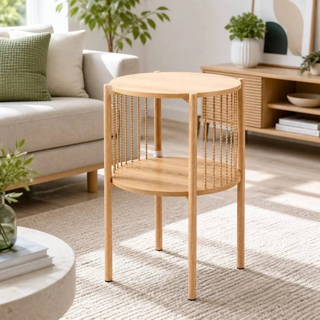 Round Wood Coffee Table with 2-Tier Storage