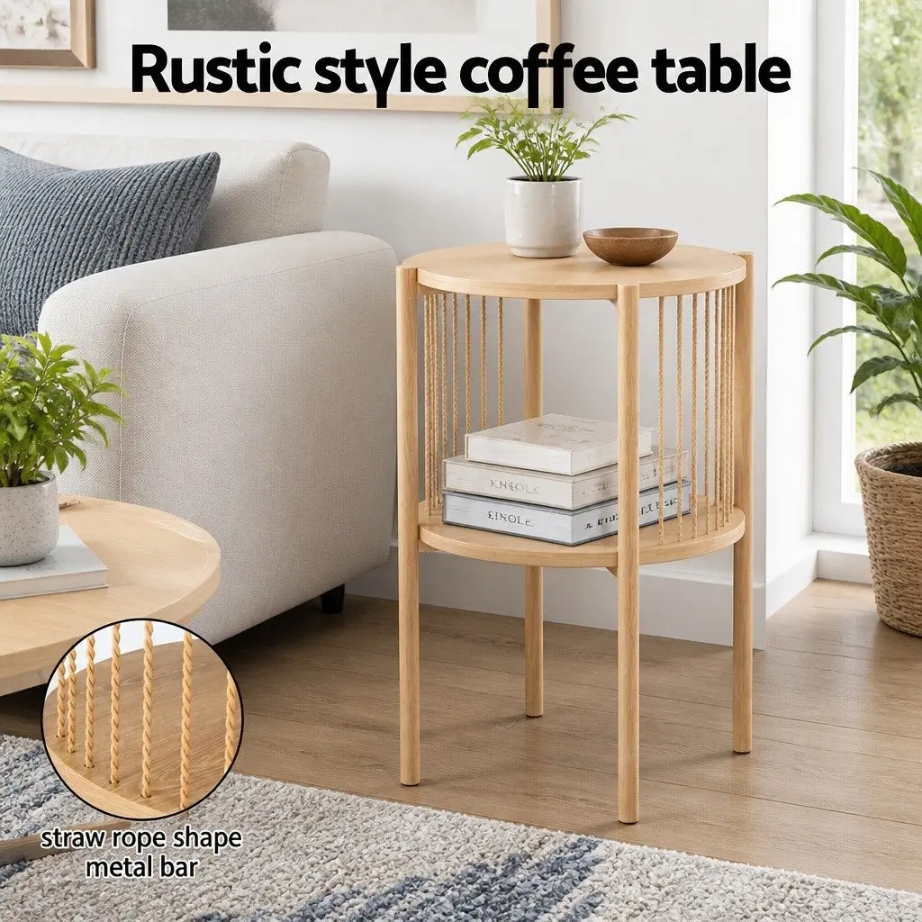 Round Wood Coffee Table with 2-Tier Storage