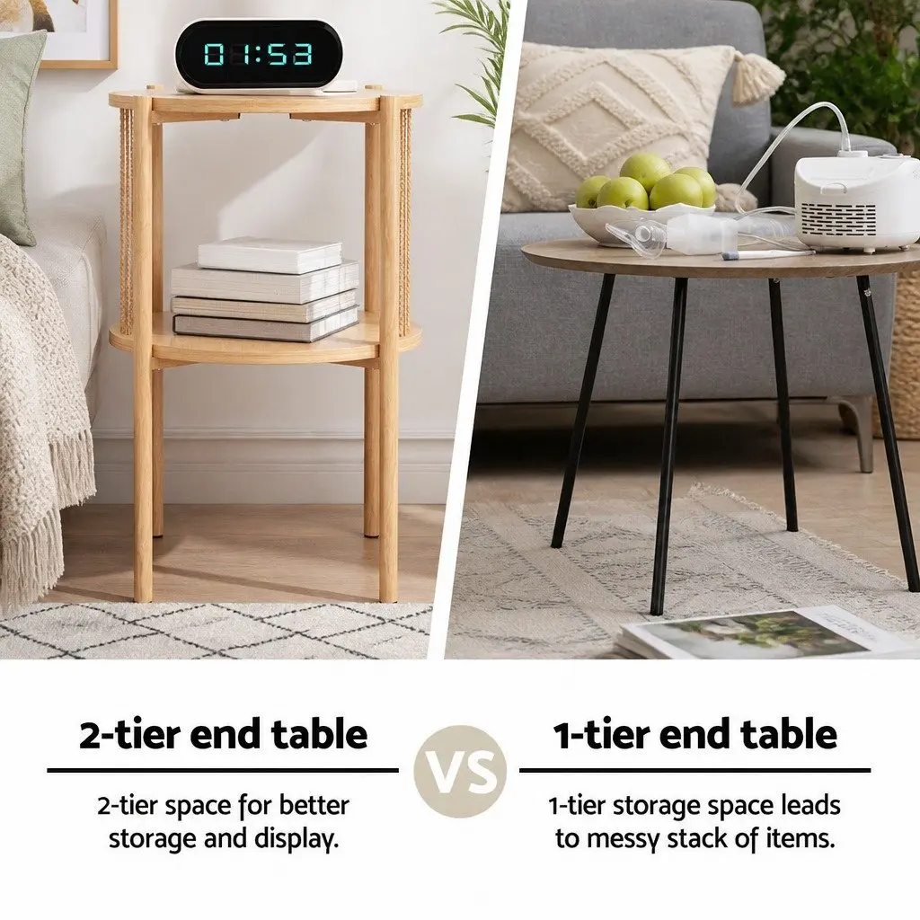 Round Wood Coffee Table with 2-Tier Storage