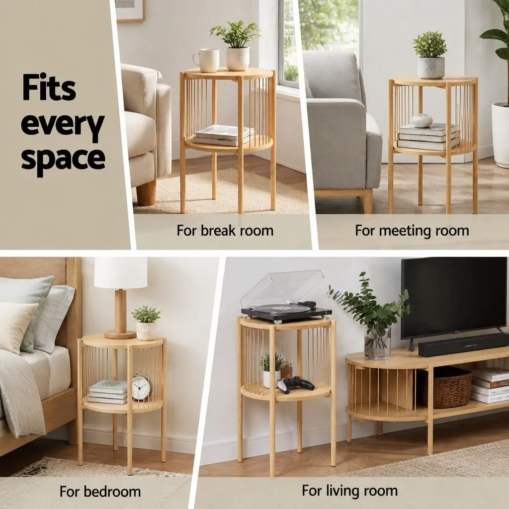 Round Wood Coffee Table with 2-Tier Storage