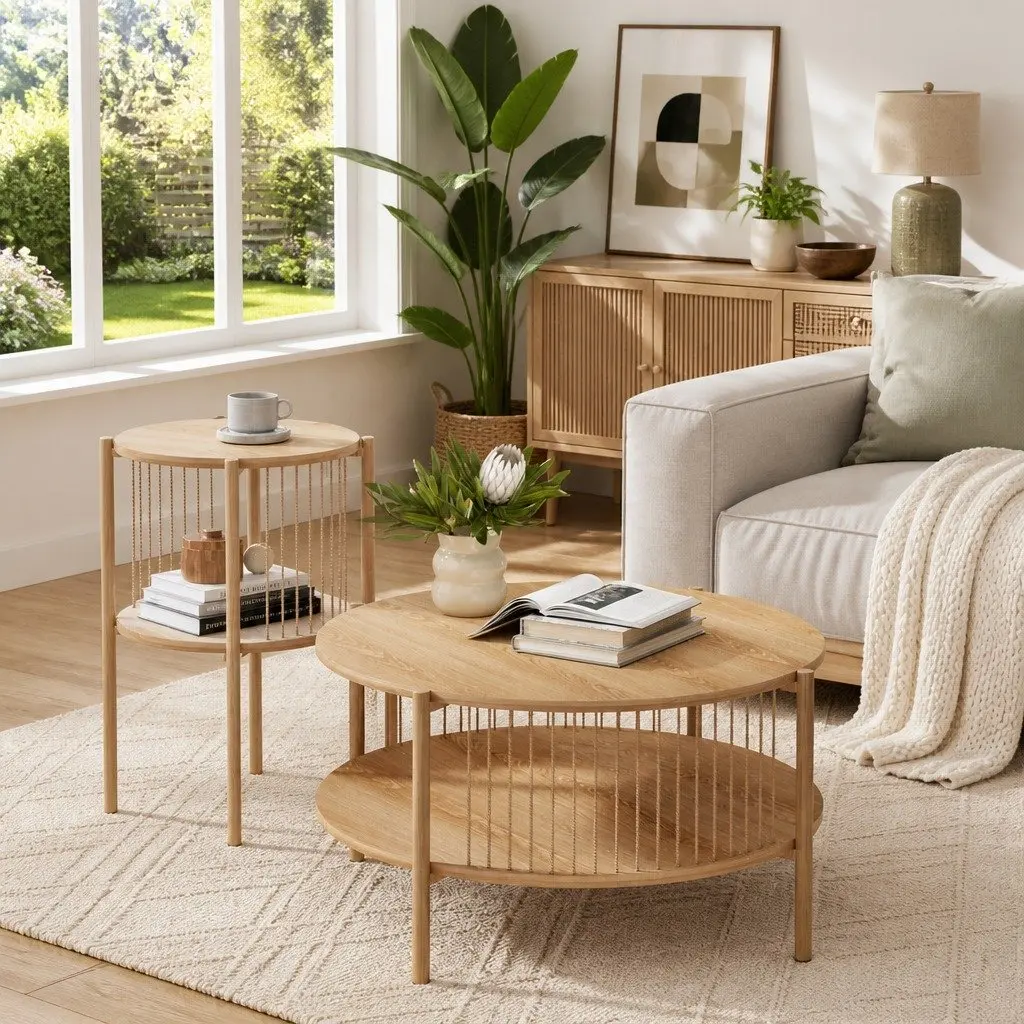 Round Wood Coffee Table with 2-Tier Storage