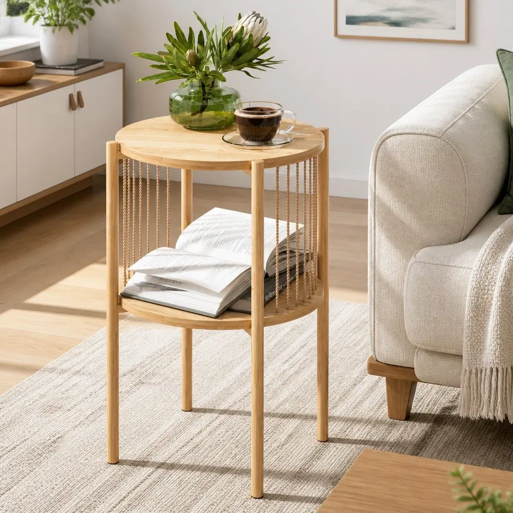 Round Wood Coffee Table with 2-Tier Storage