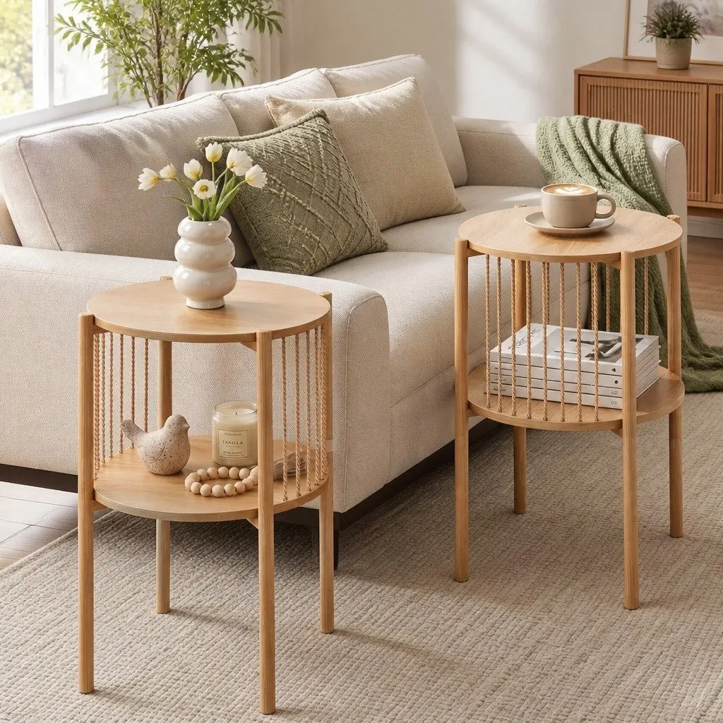 End Tables Coffee Table Set 2-Tier Round Wood Side Tables Living Room Furniture