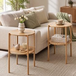 Set of 2 Round Wood End Tables with 2-Tier Design