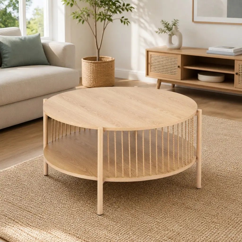 Round Wood Coffee Table with 2-Tier Storage