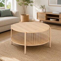 Modern Round Wood Coffee Table with 2-Tier Storage