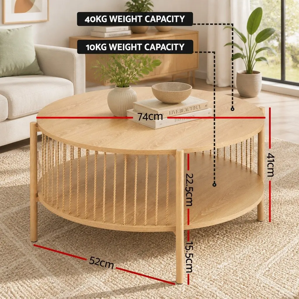 Coffee Table Modern 2-Tier Round Pine MDF Metal Frame Storage