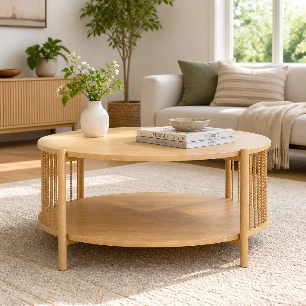 Coffee Table Modern 2-Tier Round Pine MDF Metal Frame Storage