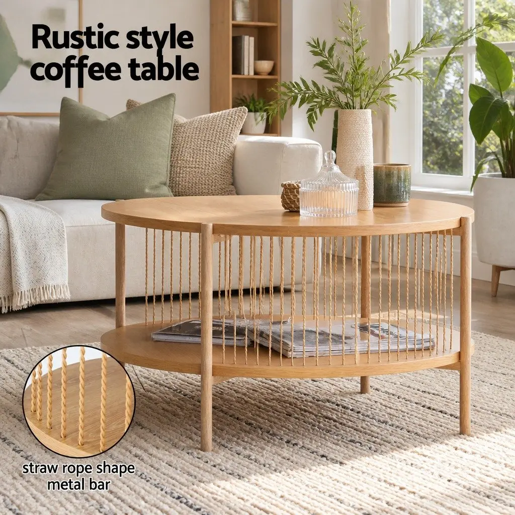 Coffee Table Modern 2-Tier Round Pine MDF Metal Frame Storage
