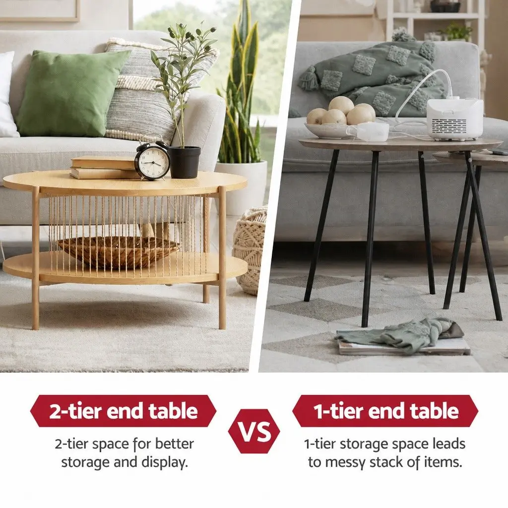 Coffee Table Modern 2-Tier Round Pine MDF Metal Frame Storage