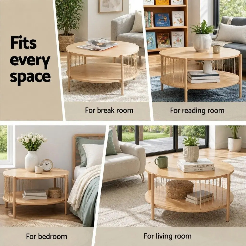Coffee Table Modern 2-Tier Round Pine MDF Metal Frame Storage