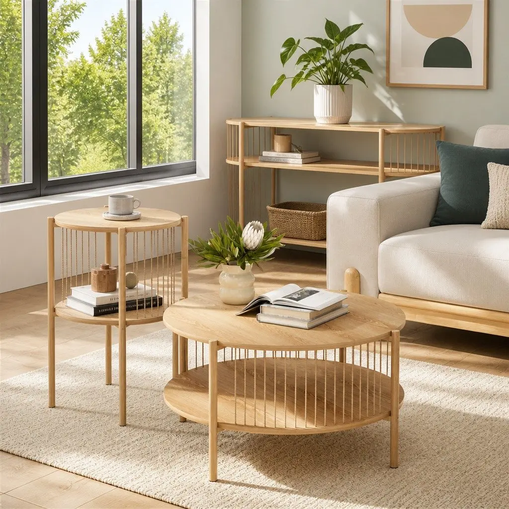 Coffee Table Modern 2-Tier Round Pine MDF Metal Frame Storage