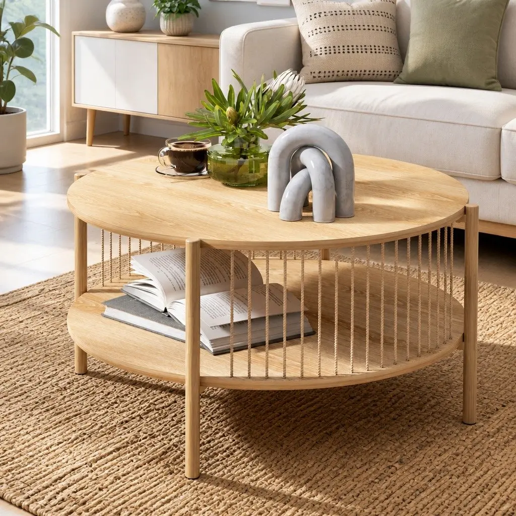 Coffee Table Modern 2-Tier Round Pine MDF Metal Frame Storage