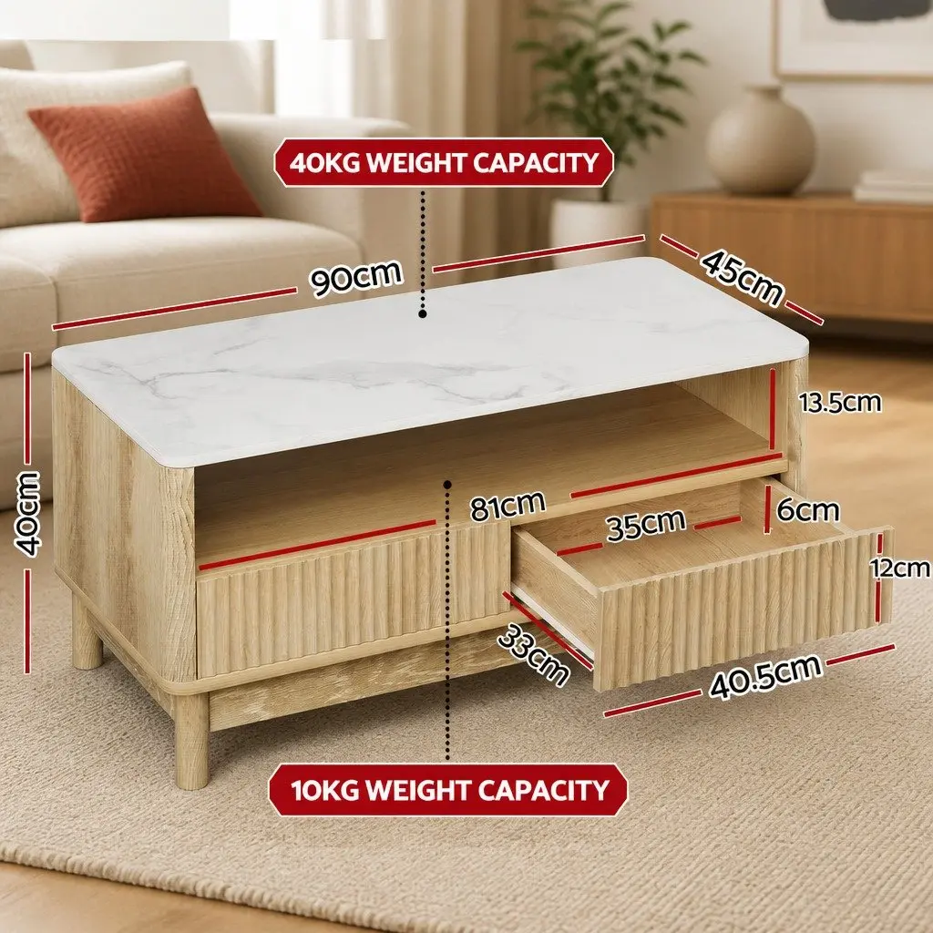 Coffee Table Marble Effect White Wood 90cm MDF Pine
