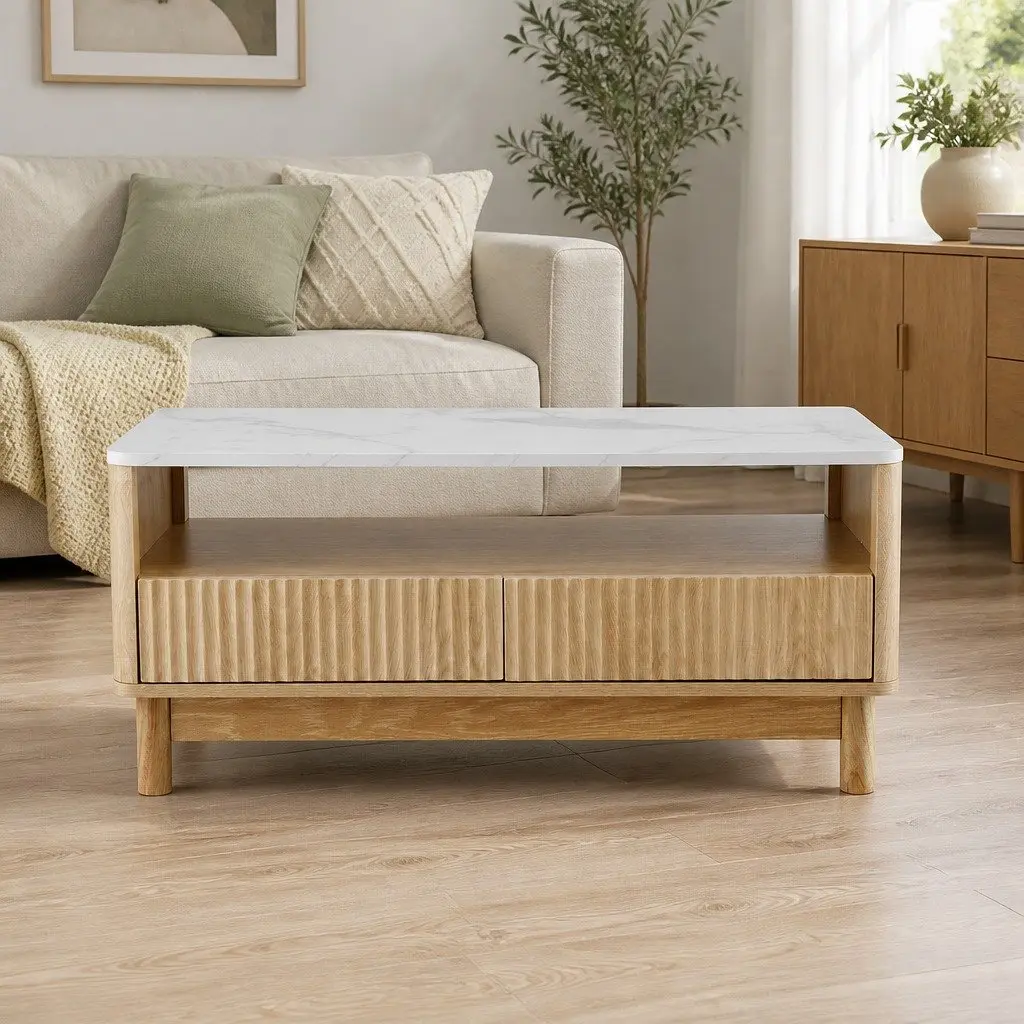 Coffee Table Marble Effect White Wood 90cm MDF Pine
